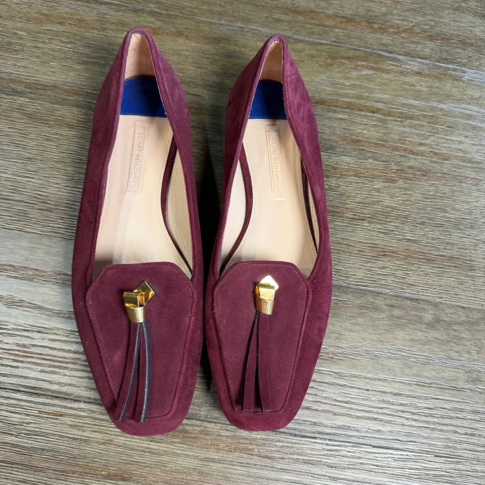 Stuart Weitzman Burgundy Suede Square Toe Tassel Loafer Flats CIYW 36619 Size 9M